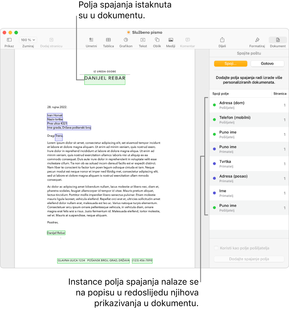 Dokument aplikacije Pages s poljima spajanja primatelja i pošiljatelja te popis instanci polja spajanja vidljiv u rubnom stupcu Dokument.