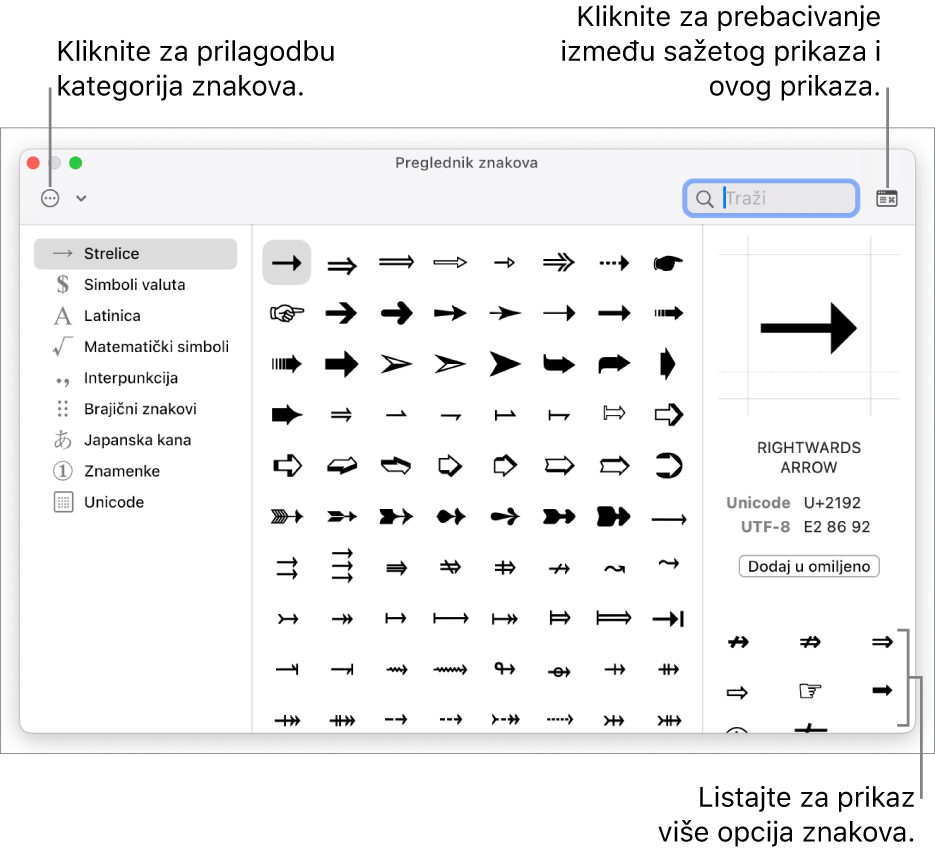 Prošireni Preglednik znakova s prikazom posebnih znakova i simbola, izbornika za razne kategorije simbola s lijeve strane i tipke u gornjem desnom kutu koja vam omogućava povratak na sažeti prikaz.