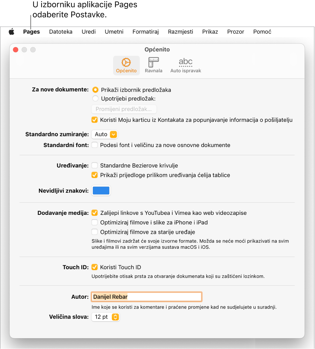 Prozor postavki aplikacije Pages otvara se na prozor Općenito, s postavkama za nove dokumente, zadano zumiranje i font, uređivanje, jednadžbe, nevidljive stavke, dodavanje medija, Touch ID, ime autora i zadanu veličinu teksta.