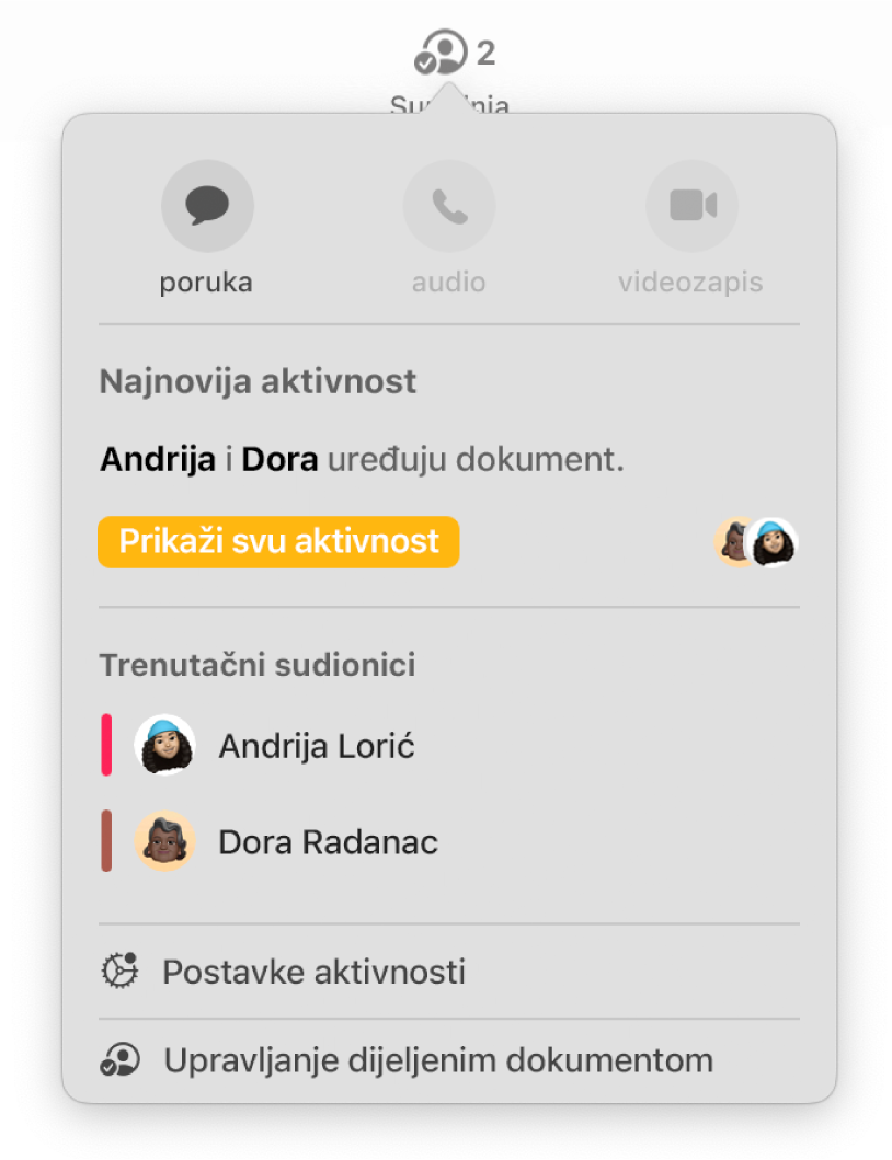 Izbornik suradnje prikazuje imena ljudi koji surađuju na dokumentu.