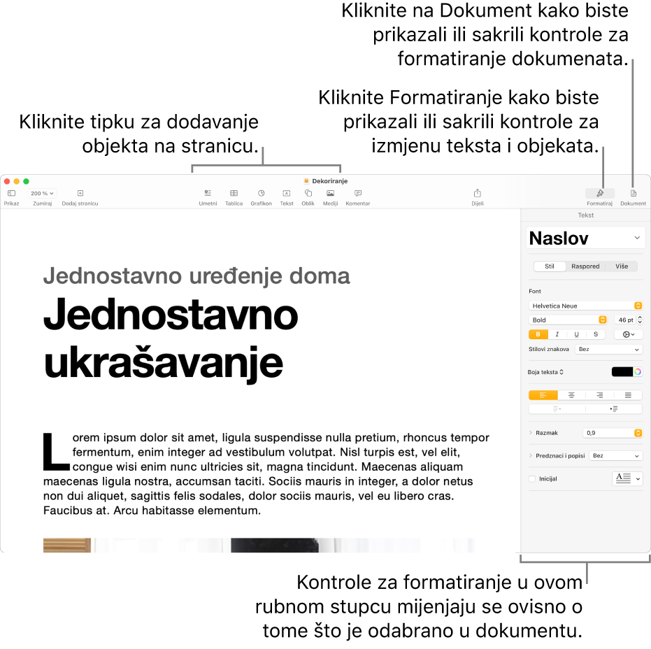 Prozor aplikacije Pages s tipkama u alatnoj traci za dodavanje objekata i otvaranje rubnih stupaca.