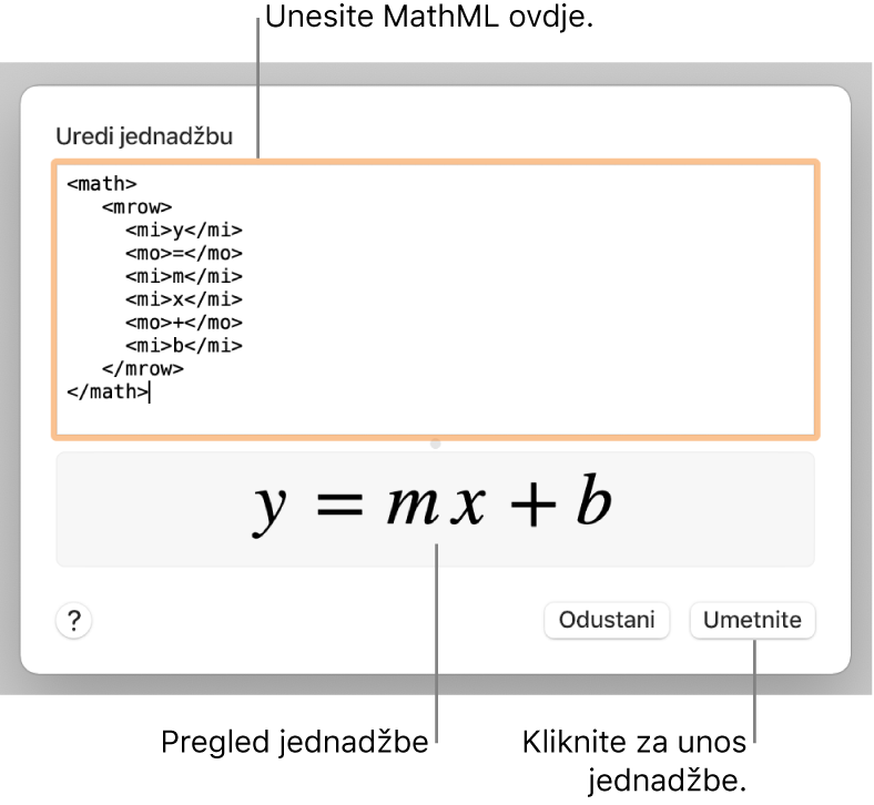 Jednadžba za nagib linije u polju Uredi jednadžbu, i pregled jednadžbe u nastavku.
