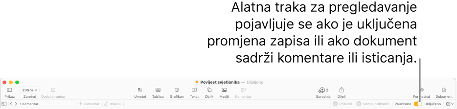 Alatna traka aplikacije Pages s uključenim praćenjem promjena i alatnom trakom za pregledavanje ispod nje.