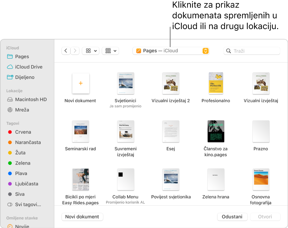 Dijaloški okvir Otvori s otvorenim rubnim stupcem na lijevoj strani i iCloud Drive odabran u skočnom izborniku na vrhu. Mape za aplikacije Keynote, Numbers i Pages pojavljuju se u dijaloškom okviru uz tipku Novi dokument.