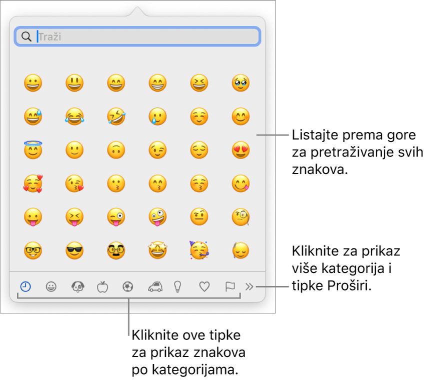 Preglednik znakova prikazuje emojije, tipke za različite kategorije simbola na dnu te tipku za prikazivanje više kategorija i tipku Proširi.