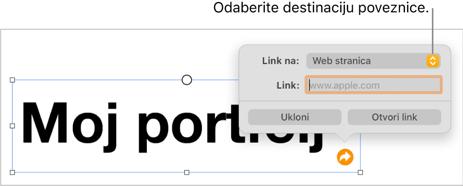 Kontrole urednika linka s odabranom opcijom Web stranica, tipke Ukloni i Otvori link nalaze se na dnu.