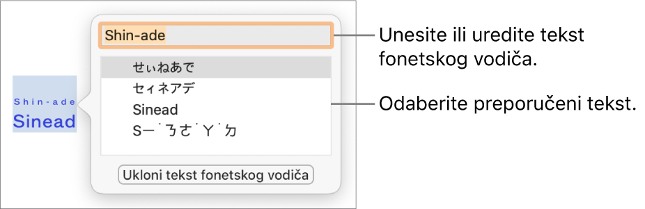 Fonetski vodič otvoren za riječ, s balončićima za polje teksta i predloženi tekst.