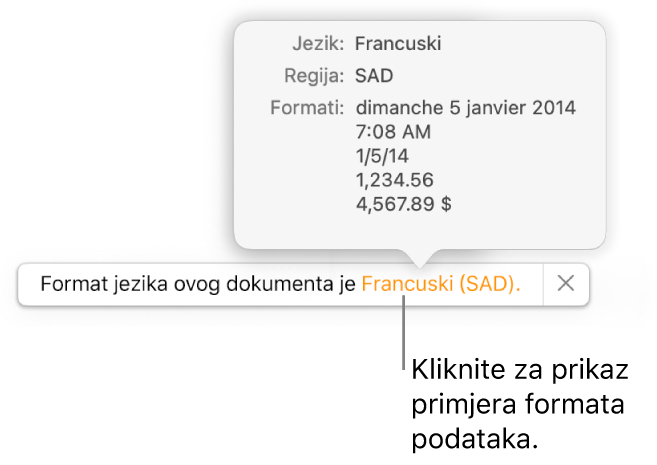 Obavijest o postavci drugog jezika i regije, pokazuje primjere formatiranja na tom jeziku i u toj regiji.
