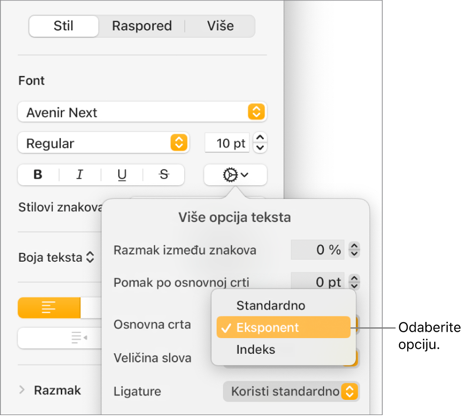 Izbornik Napredne opcije s otvorenim skočnim izbornikom Osnovna crta i prikazom stavki izbornika Standardno, Eksponent i Indeks.