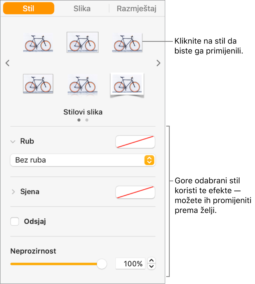 Kartica Stil u rubnom stupcu Format s prikazom opcija stila objekta.