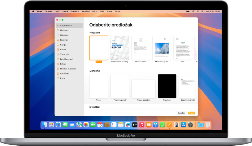 MacBook Pro s izbornikom predložaka aplikacije Pages otvorenim na zaslonu. Kategorija Svi predlošci odabrana je s lijeve strane, a postojeći predlošci pojavljuju se s desne u recima po kategoriji.