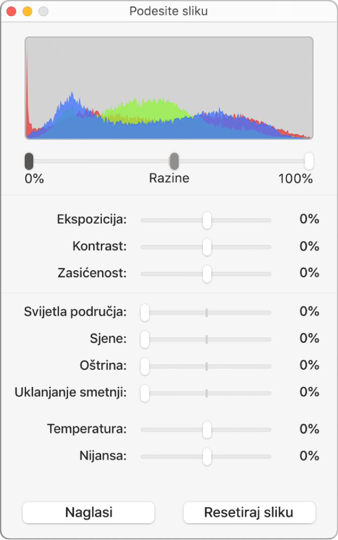 Prozor Podesi sliku s kliznicima za podešavanje ekspozicije, kontrasta, zasićenosti, isticanja, sjena, oštrine, uklanjanja smetnji, temperature i nijanse.