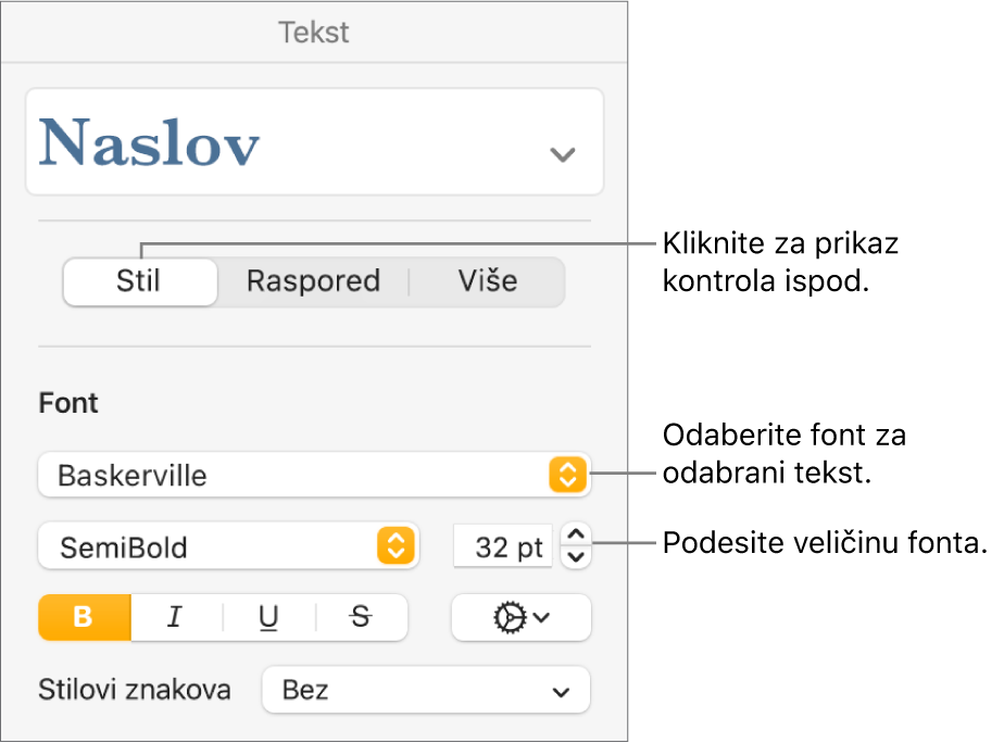 Kontrole teksta u odjeljku Stil rubnog stupca Formatiraj za namještanje fonta i veličine fonta.