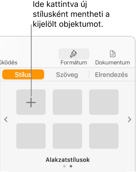 A Formátum oldalsáv Stílus lapja, a bal felső sarokban a Stílus létrehozása gombbal és öt üres stílushelyőrzővel.