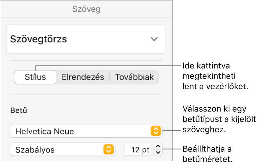 A betűtípus és betűméret beállítására szolgáló szövegvezérlők a Formátum oldalsáv Stílus szakaszában.