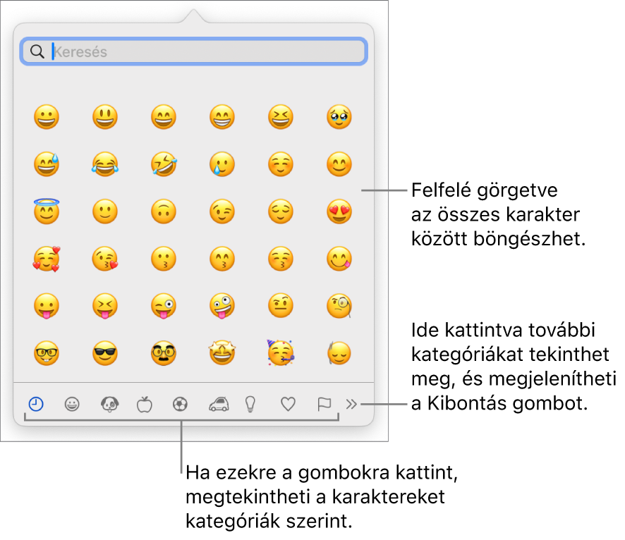 A Karaktermegtekintő menü egy emojival, az alsó részen a szimbólumok különböző kategóriáihoz használatos gombokkal, valamint a további kategóriák és a Kibontás gomb megjelenítéséhez használatos gombbal.