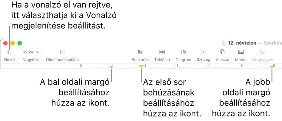 Vonalzó a bal oldali margóvezérlővel és első sori behúzásvezérlővel.