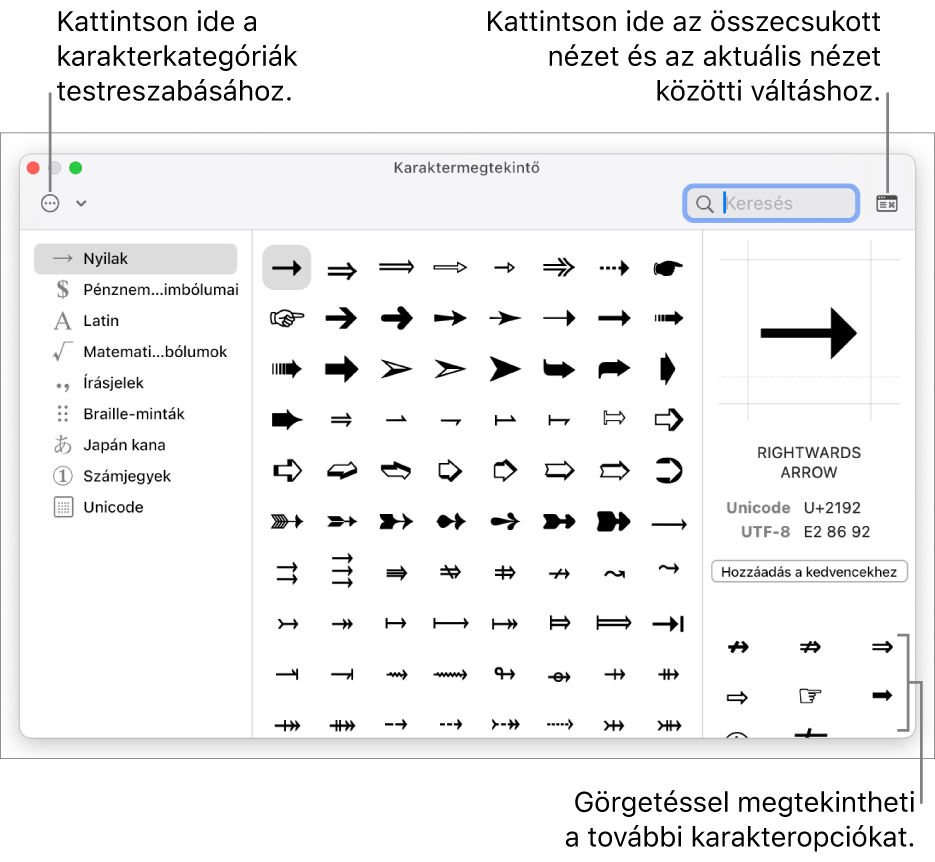 A kibontott Karaktermegtekintő speciális karakterekkel és szimbólumokkal, a bal oldalon a szimbólumok különböző kategóriájával rendelkező menüvel, míg a jobb oldalon egy, az összecsukott nézethez való visszatéréshez használatos gombbal.