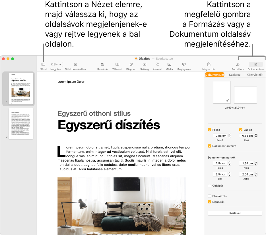 A Pages-ablak az eszközsoron található Nézet menü gombját, illetve a Formátum és Dokumentum gombokat ismertető ábrafeliratokkal. Az oldalsávok meg vannak nyitva a bal és a jobb oldalon.
