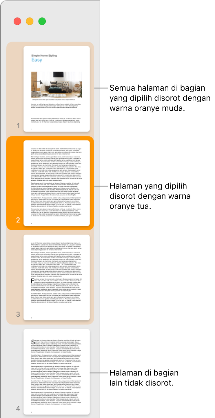 Bar samping Tampilan Gambar Mini dengan halaman yang dipilih disorot dalam oranye gelap dan semua halaman di bagian yang dipilih disorot dalam oranye terang.