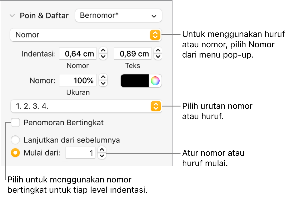 Kontrol untuk mengubah gaya nomor dan spasi daftar.
