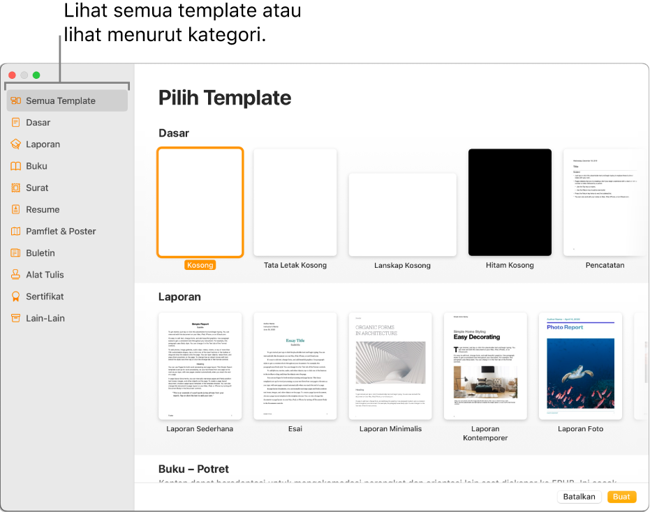 Pemilih template. Bar samping di sebelah kiri mencantumkan kategori template yang dapat Anda klik untuk memfilter pilihan. Di sebelah kanan adalah gambar mini template yang dirancang sebelumnya yang diatur menurut kategori, dimulai dengan Dasar di bagian atas dan diikuti oleh Laporan dan Buku—Potret. Menu pop-up Bahasa dan Wilayah ada di pojok kiri bawah dan tombol Batalkan serta Buat ada di pojok kanan bawah.