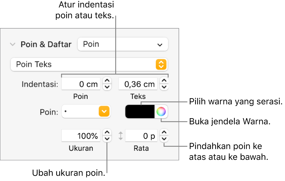 Bagian Poin & Daftar dengan keterangan pada kontrol untuk indentasi poin dan teks, warna poin, ukuran poin, dan perataan.