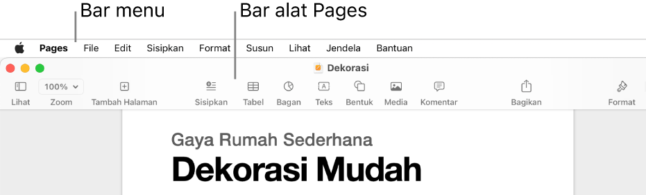 Bar menu di bagian atas layar dengan menu Apple, Pages, File, Edit, Sisipkan, Format, Susun, Lihat, Jendela, dan Bantuan. Di bawah bar menu adalah dokumen Pages yang terbuka dengan tombol bar alat di sepanjang bagian atas untuk Lihat, Zoom, Tambah Halaman, Sisipkan, Tabel, Bagan, Teks, Bentuk, Media, Komentar, Bagikan, dan Format.