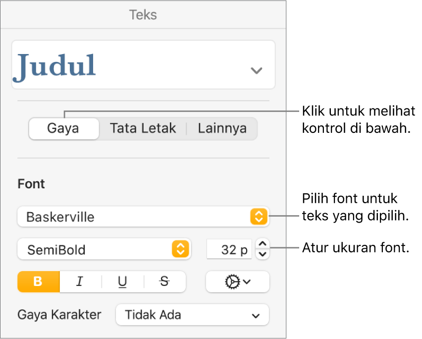 Kontrol teks di bagian Gaya pada bar samping Format untuk mengatur font dan ukuran font.