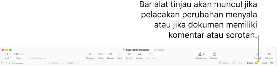 Bar alat Pages dengan pelacakan perubahan dinyalakan, dan bar alat tinjauan di bawahnya.