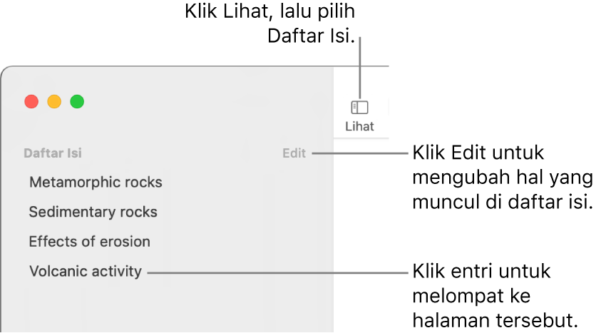 Daftar isi di sisi kiri jendela Pages dengan tombol Edit di pojok kanan atas bar samping dan entri daftar isi di daftar. Tombol Lihat berada di pojok kiri atas bar alat Pages, di atas bar samping.