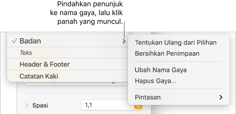 Menu Gaya Paragraf dengan menu pintasan yang terbuka.