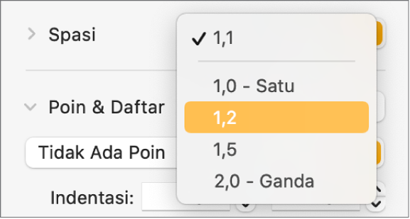 Menu pop-up Spasi dengan Tunggal, Ganda, dan pilihan lainnya.