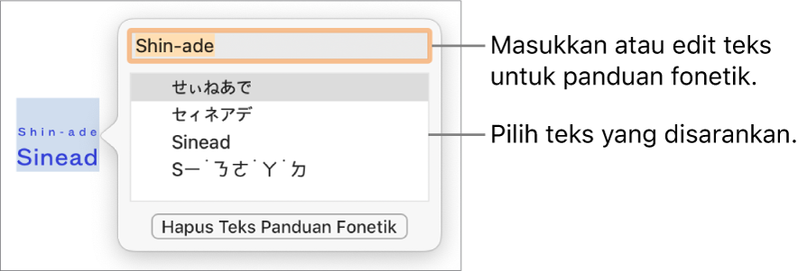 Panduan fonetik terbuka untuk kata, dengan keterangan pada bidang teks dan teks yang disarankan.