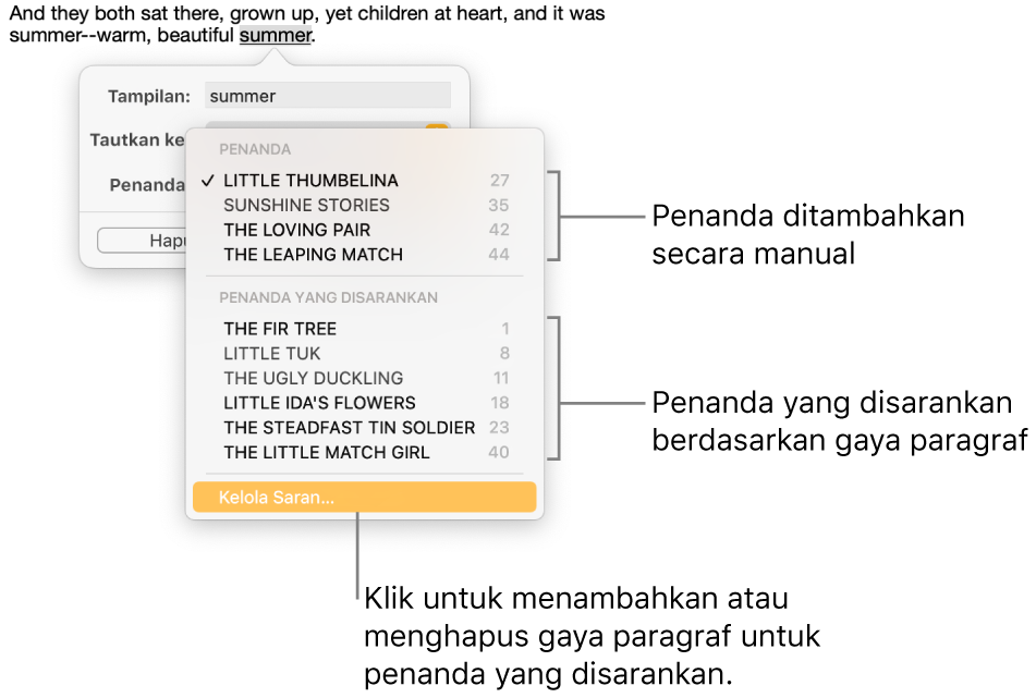 Daftar penanda dengan penanda yang ditambahkan secara manual di atas dan penanda yang disarankan di bawah. Pilihan Kelola Saran berada di bagian bawah.