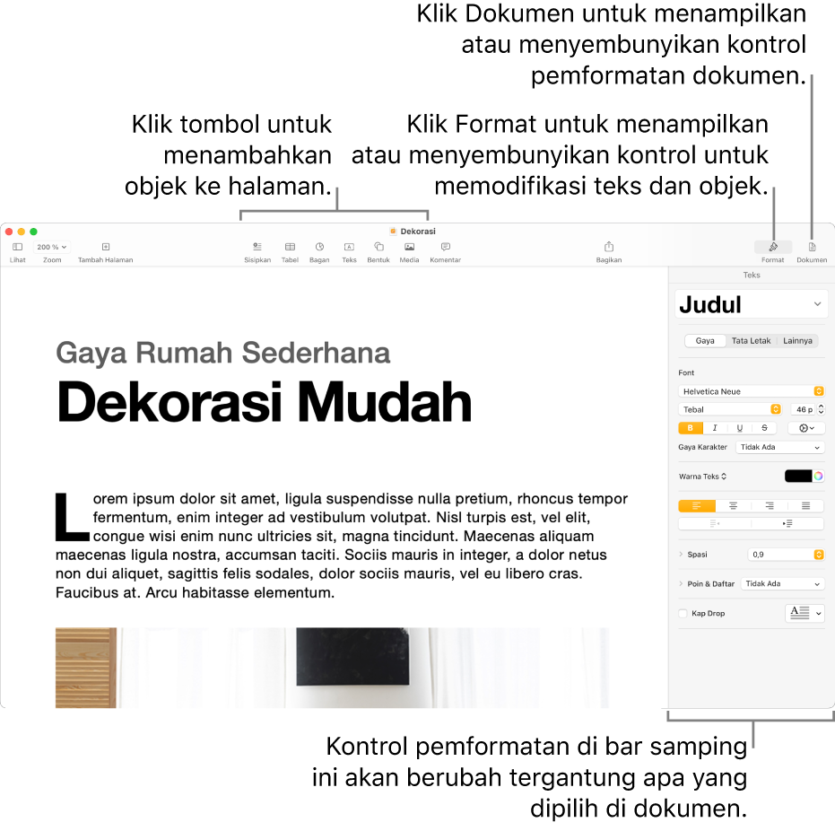 Jendela Pages dengan tombol di bar alat untuk menambahkan objek dan membuka bar samping.