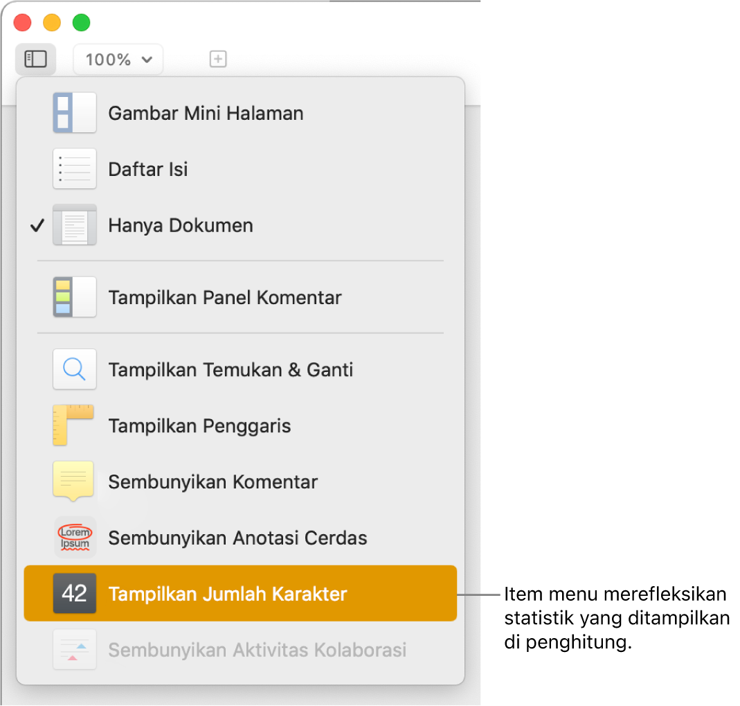 Menu Lihat dibuka dengan Tampilkan Jumlah Karakter di dekat bagian bawah.