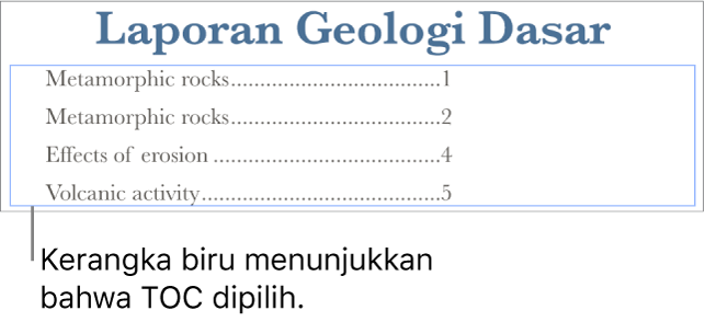 Daftar isi disisipkan ke dalam dokumen. Entri menampilkan heading bersamaan dengan nomor halamannya.