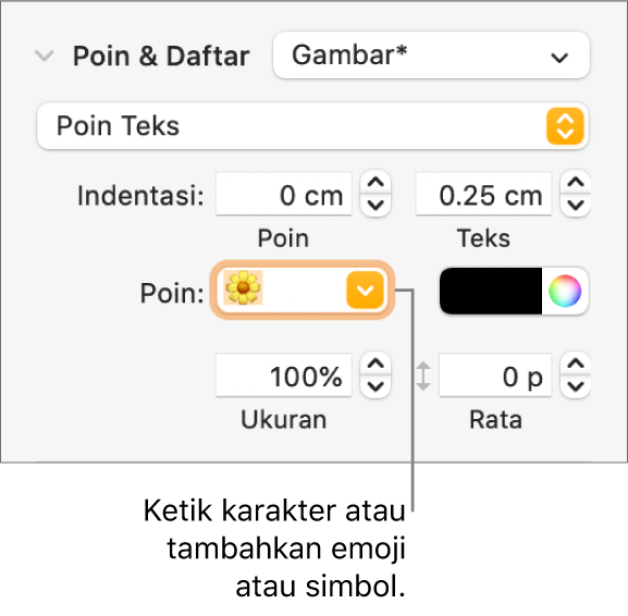 Bagian Poin & Daftar pada bar samping Format. Bidang Poin menampilkan emoji bunga.