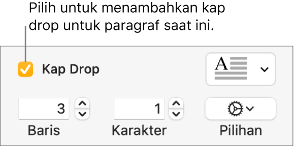 Kotak teks Kap Drop dipilih, dan menu pop-up muncul di kanannya; kontrol untuk mengatur tinggi garis, jumlah karakter, dan pilihan lainnya muncul di bawahnya.