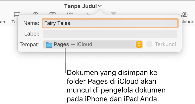 Dialog Simpan untuk dokumen dengan Pages—iCloud di menu pop-up Tempat.