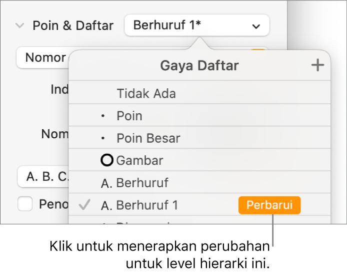 Menu pop-up Gaya Daftar dengan tombol Perbarui di samping nama gaya baru.