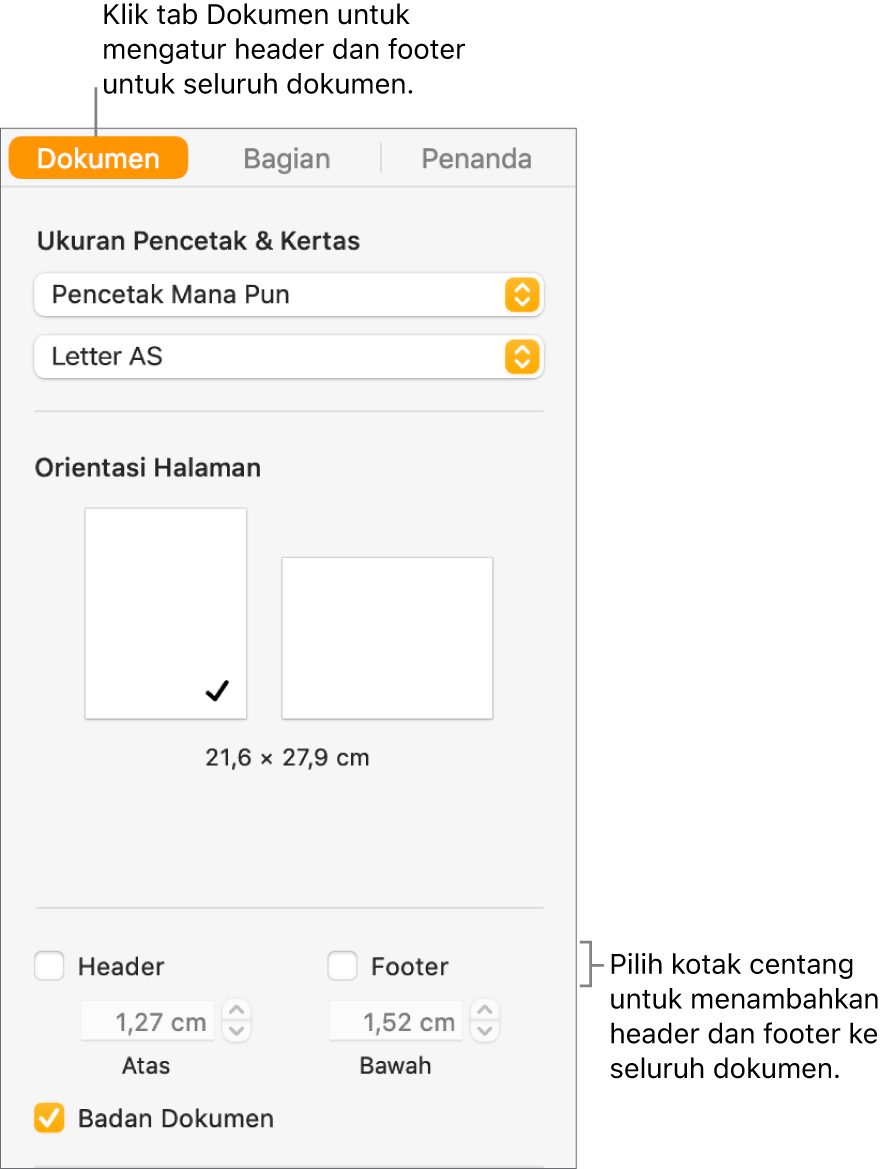 Bar samping Dokumen dengan tab Dokumen di bagian atas bar samping dipilih. Di bawah kotak centang Header dan Footer terdapat panah untuk mengubah jarak header dan footer dari bagian atas dan bagian bawah halaman.