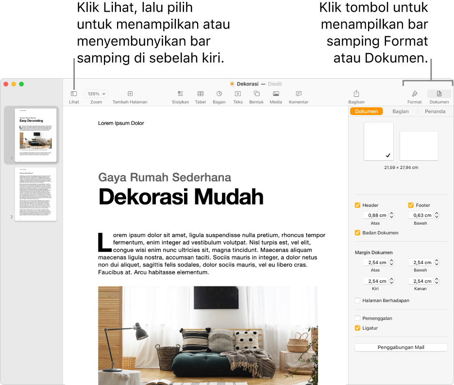 Jendela Pages dengan keterangan pada tombol menu Lihat serta Tombol Format dan Dokumen di bar alat. Bar samping terbuka di kiri dan kanan.