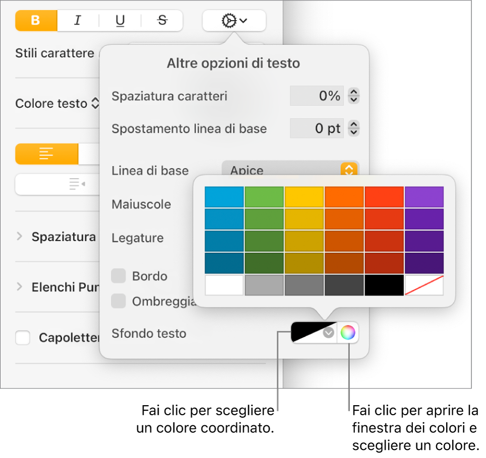 Controlli per la scelta di un colore di sfondo per il testo.