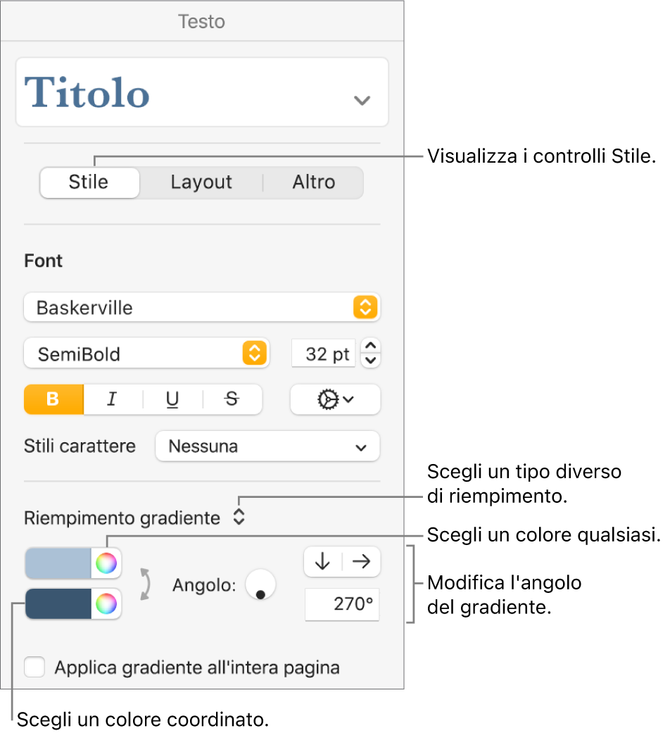 Controlli per la scelta dei colori predefiniti o qualsiasi colore.