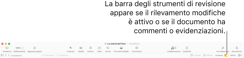 barra strumenti di Pages con il rilevamento delle modifiche attivato e la barra strumenti di revisione sotto la barra strumenti di Pages.