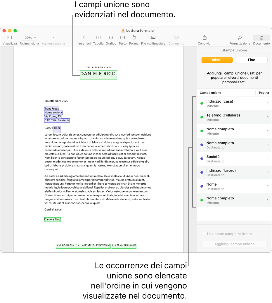 Documento di Pages con i campi unione del destinatario e del mittente e l’elenco delle istanze dei campi unione visibile nella barra laterale del documento.
