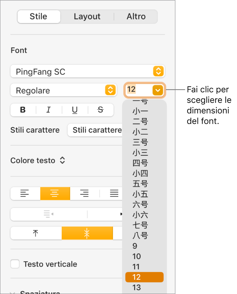 La sezione Stile della barra laterale Formato con il menu a comparsa delle dimensioni del font aperto. Le dimensioni del font standard governative della Cina continentale vengono visualizzate nella parte superiore del menu a comparsa, con sotto le dimensioni in punti.