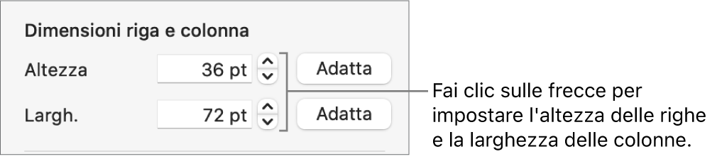 Controlli per impostare una dimensione di riga o colonna precisa.